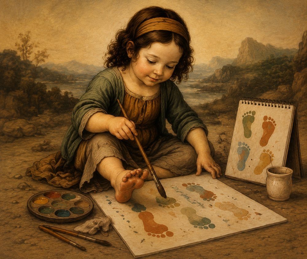 A Renaissance-style painting of a young child printing her footprints in paint