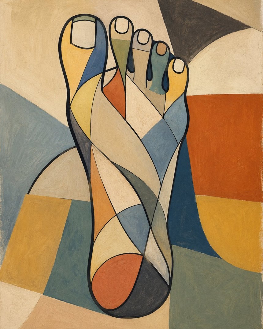 A cubist painting of a foot, the Mona Lisa Podiatry emblem